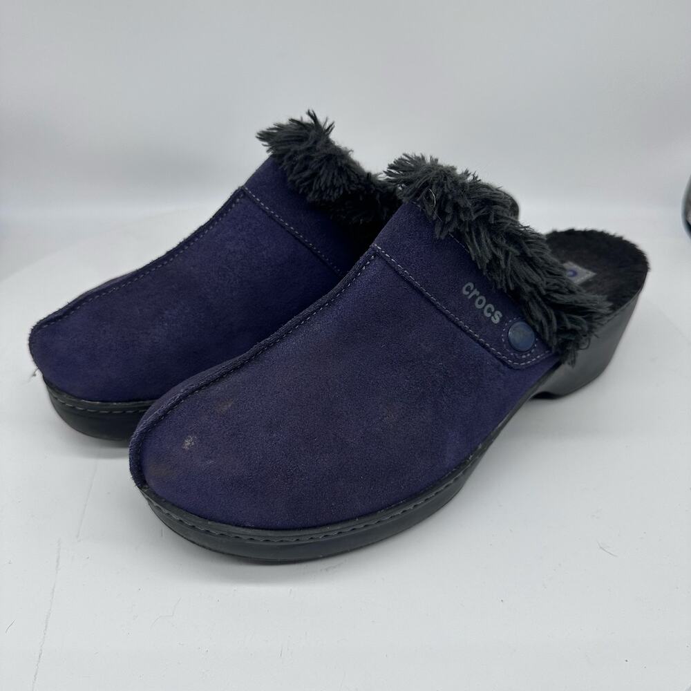 Crocs Cobbler Navy Blue Suede With Faux Fur Low Wedge Mule Clogs Womens 10